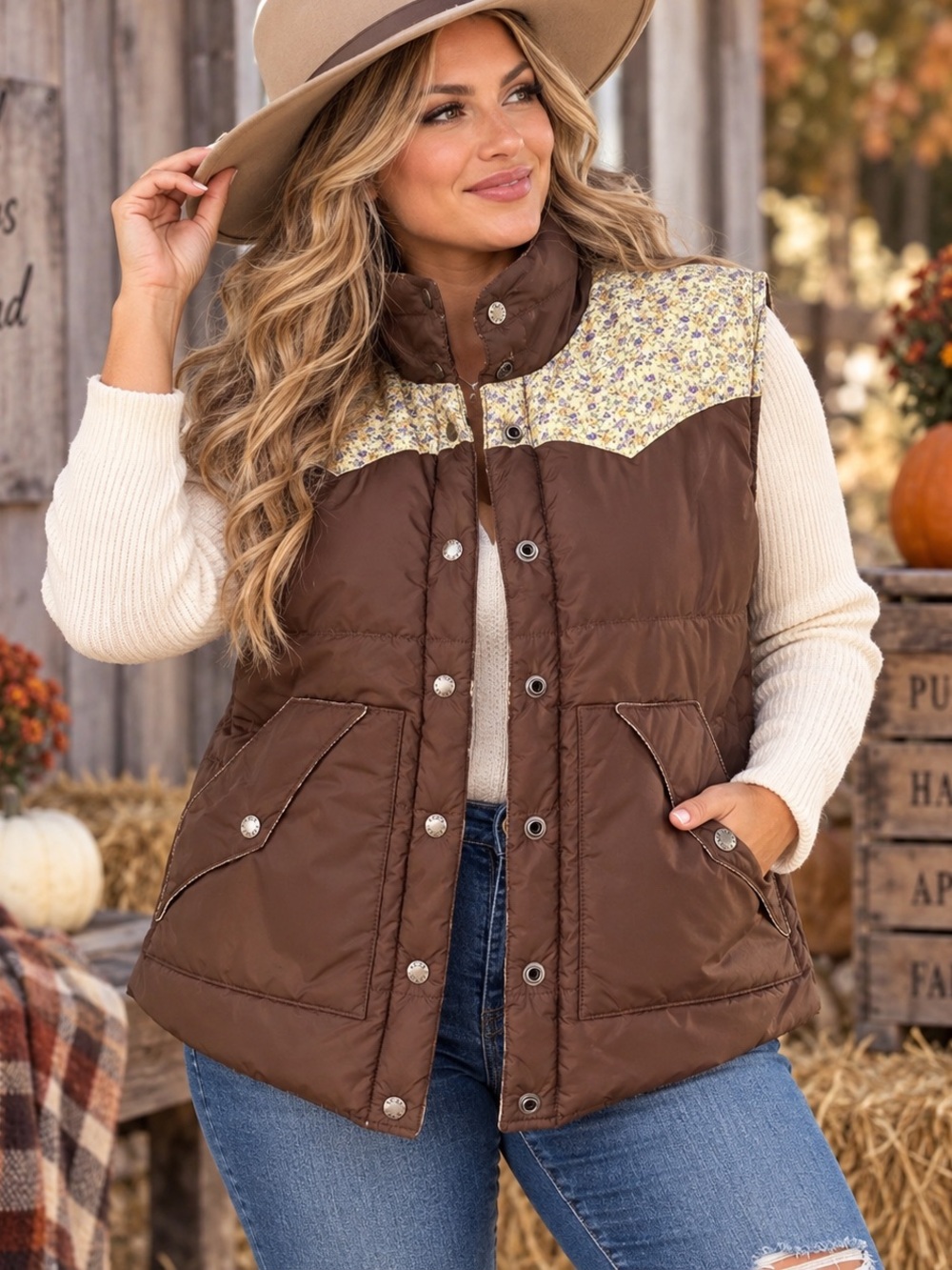 Roxy Brown Floral Puffer Vest Women’s Y2K Western Cottagecore Fall Layering